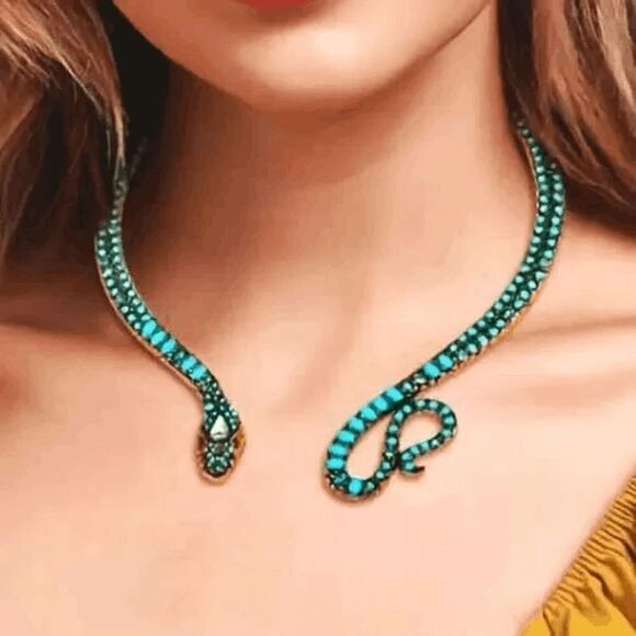 Snake Turquoise Diamond Pink Sapphire Gold Choker Necklace - Picture 6 of 6